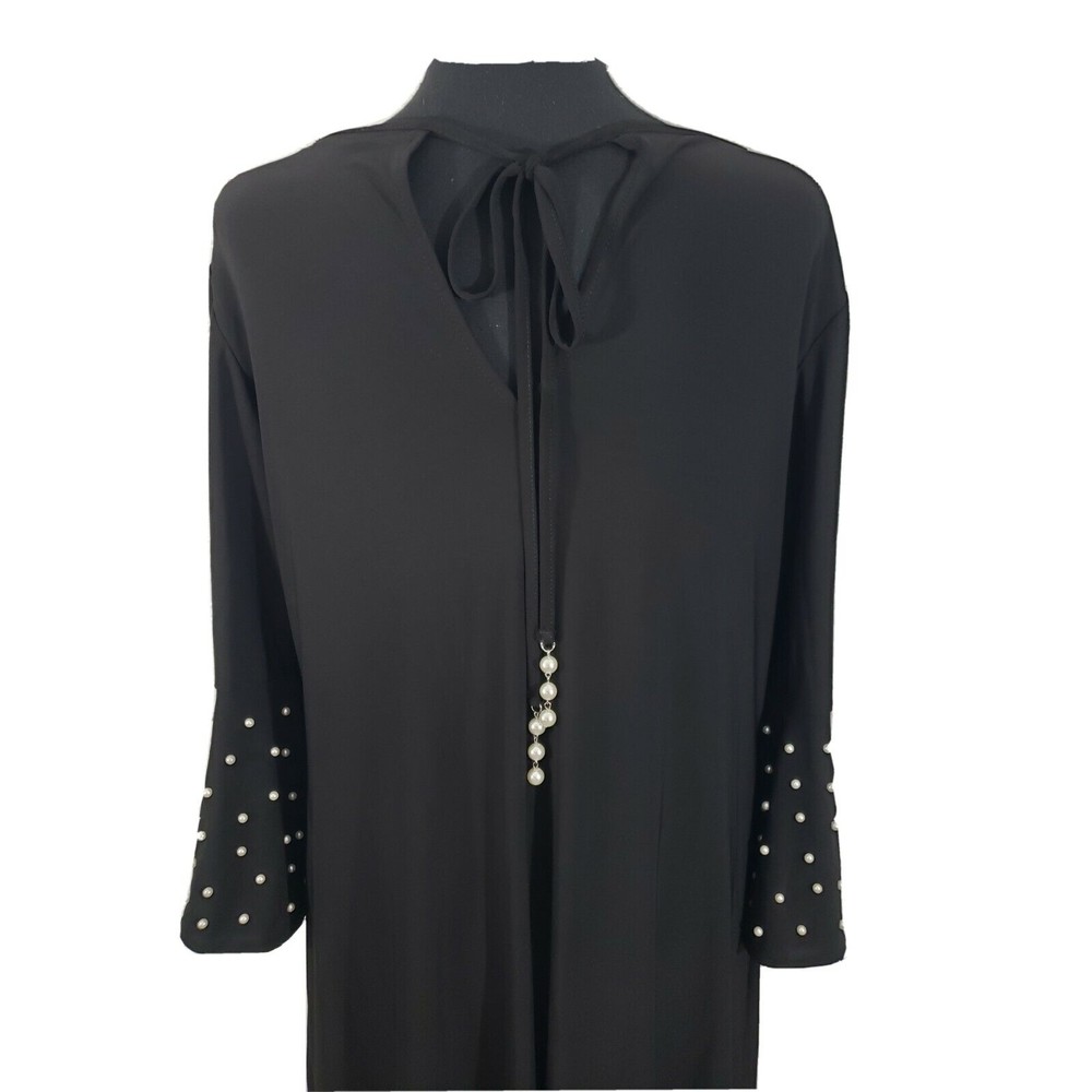 Women's Roz & Ali 1X Black Pearl Embellished Flutter Sl. Open Back Midi Dress - Picture 4 of 6